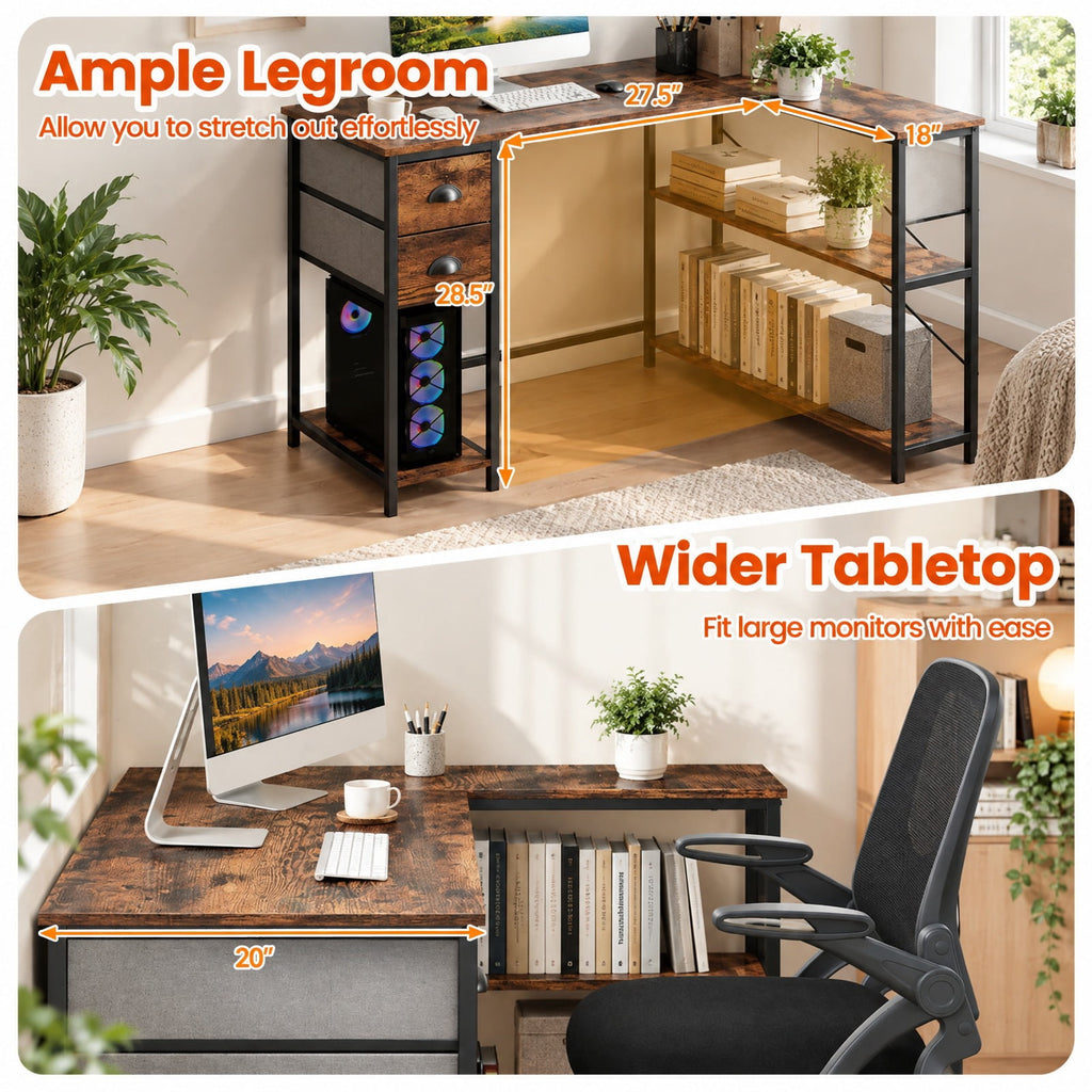 Airfind L Shaped Desk with Charging Station Corner Computer Desk with 2 Fabric Drawers, 110 lbs Capacity, Engineered Wood Metal Fabric Frame, Brown