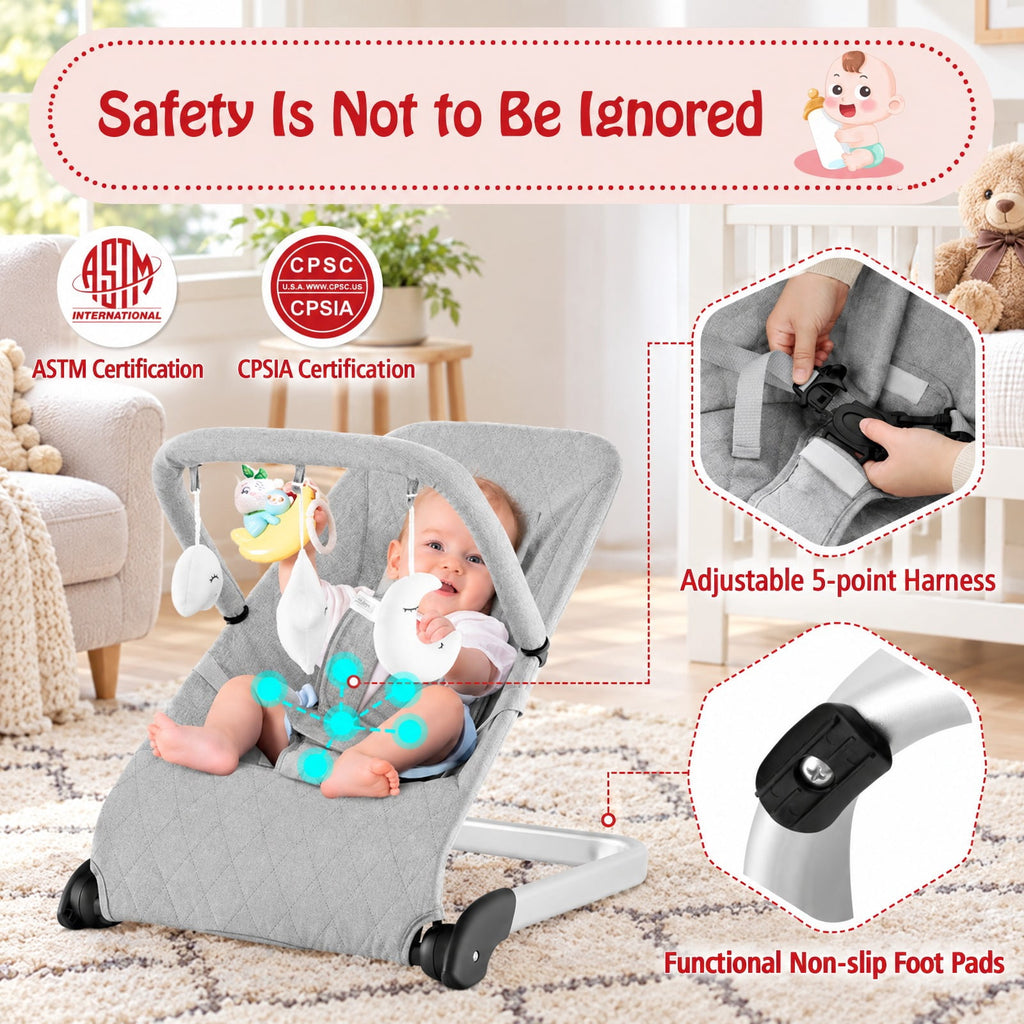 Airfind Foldable Baby Bouncer with Removable Fabric Cover and Toy Bar, 20 lbs Capacity, Fabric Aluminum Metal Frame, 19 x 21 x 20 Footprint, Gray