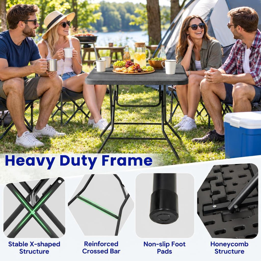 Airfind 2.6FT Foldable Dining Table with Wood Grain HDPE Tabletop and Non-slip Foot Pads, 110 lbs Capacity, HDPE Metal Frame, Black