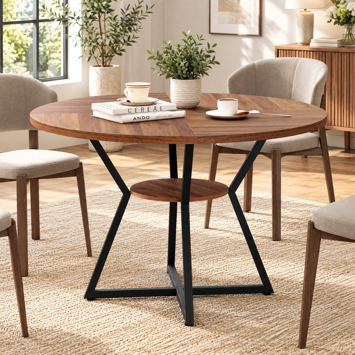 Airfind 47in Round Dining Table for 4 with Storage Shelf, 200 lbs Capacity, MDF Metal Frame, 47in x 30in Footprint, Brown