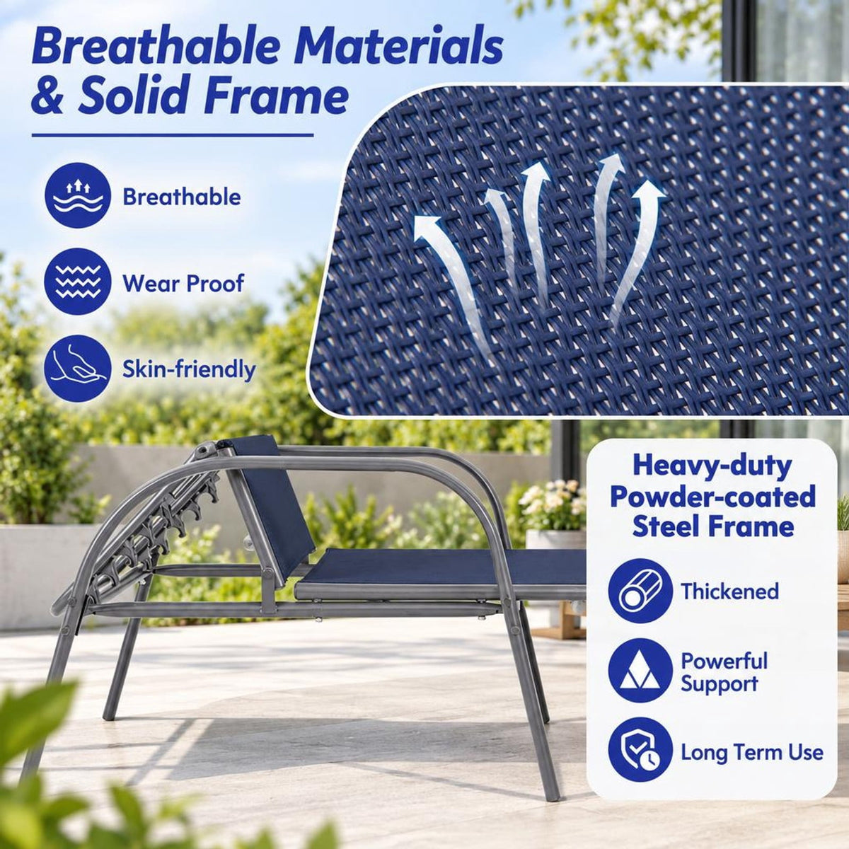 Airfind 2 Pcs Outdoor Patio Lounge Chair Chaise Fabric with Adjustable Reclining Armrest, Fabric Steel Horizontal Frame, Navy