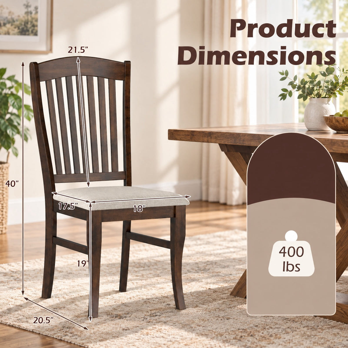 Airfind Set of 4 Kitchen Side Chairs with Rubber Wood Frame and Comfy Padded Seat-Brown White, 400 lbs Capacity, 18 x 20.5 x 40 Footprint, Wood