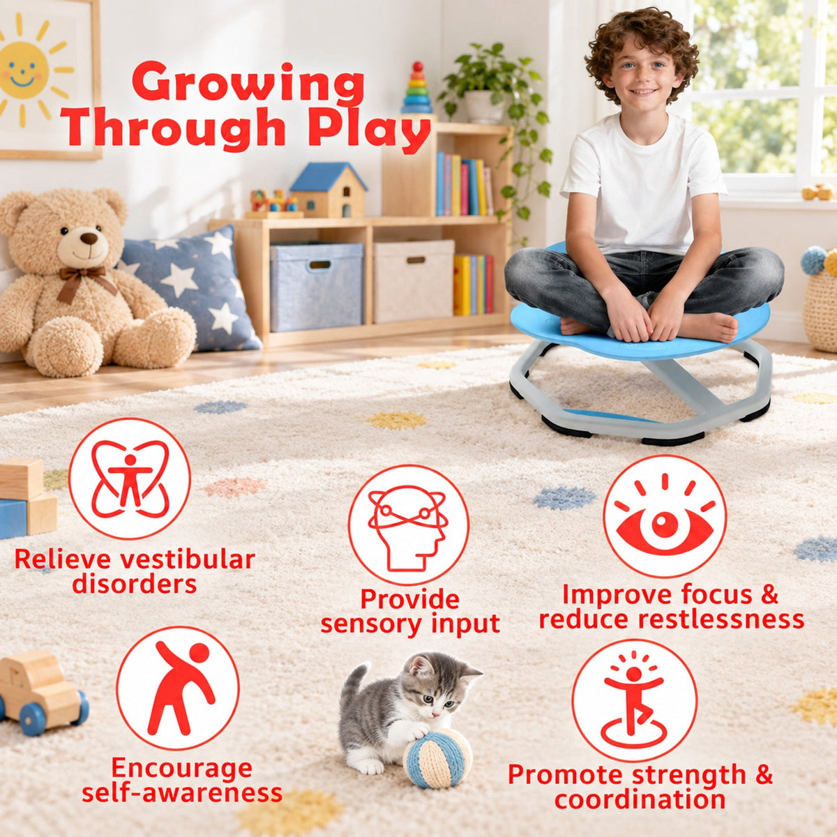 Airfind Kids Sensory Swivel Chair Cat Claw 360° Spinning Chair with Non-Slip Metal Base, 220 lbs Capacity, PP Metal Frame, Blue