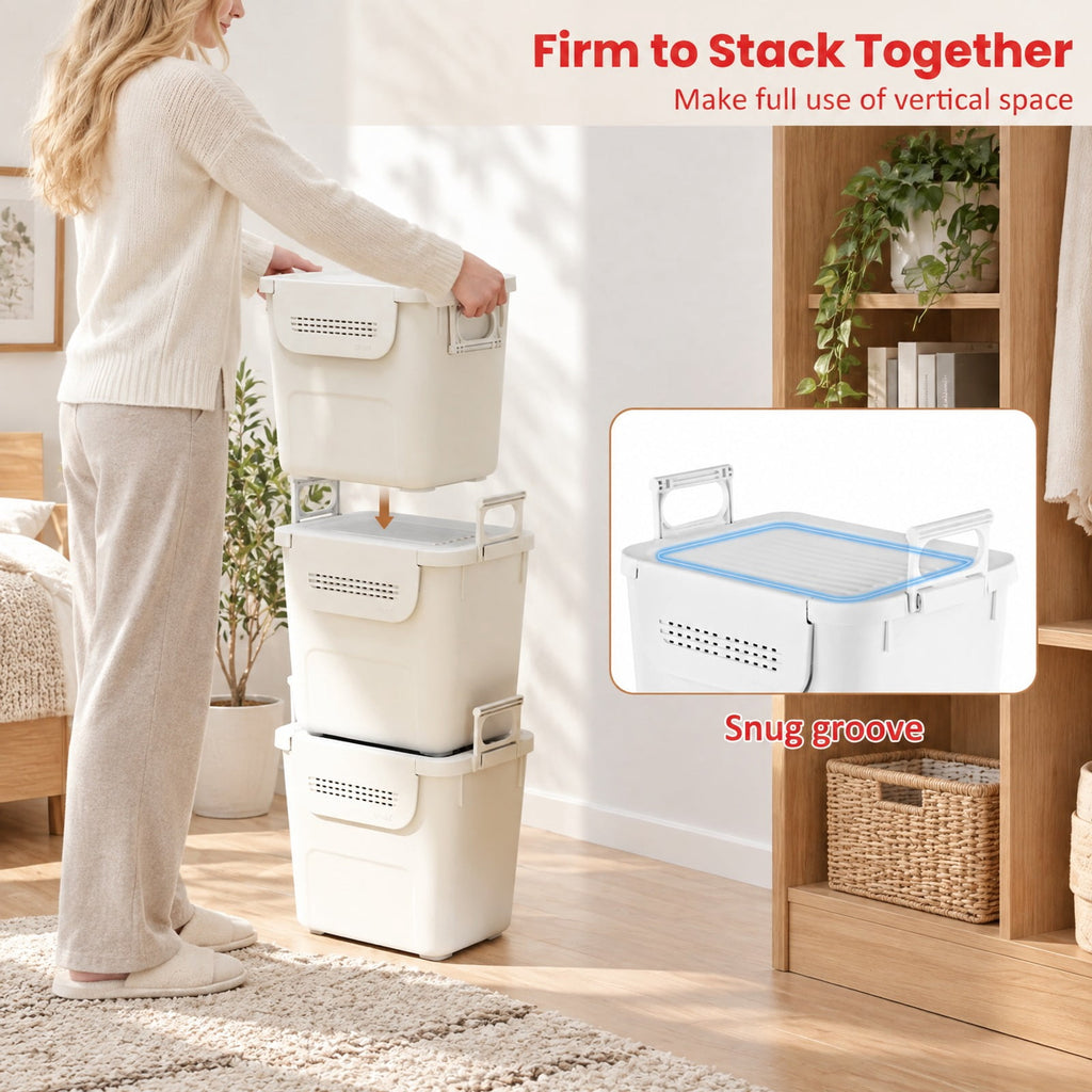 Airfind 3 Pieces Plastic Storage Bins Stackable with Front Door and Side Handles, 18 lbs Capacity, PP Frame, White