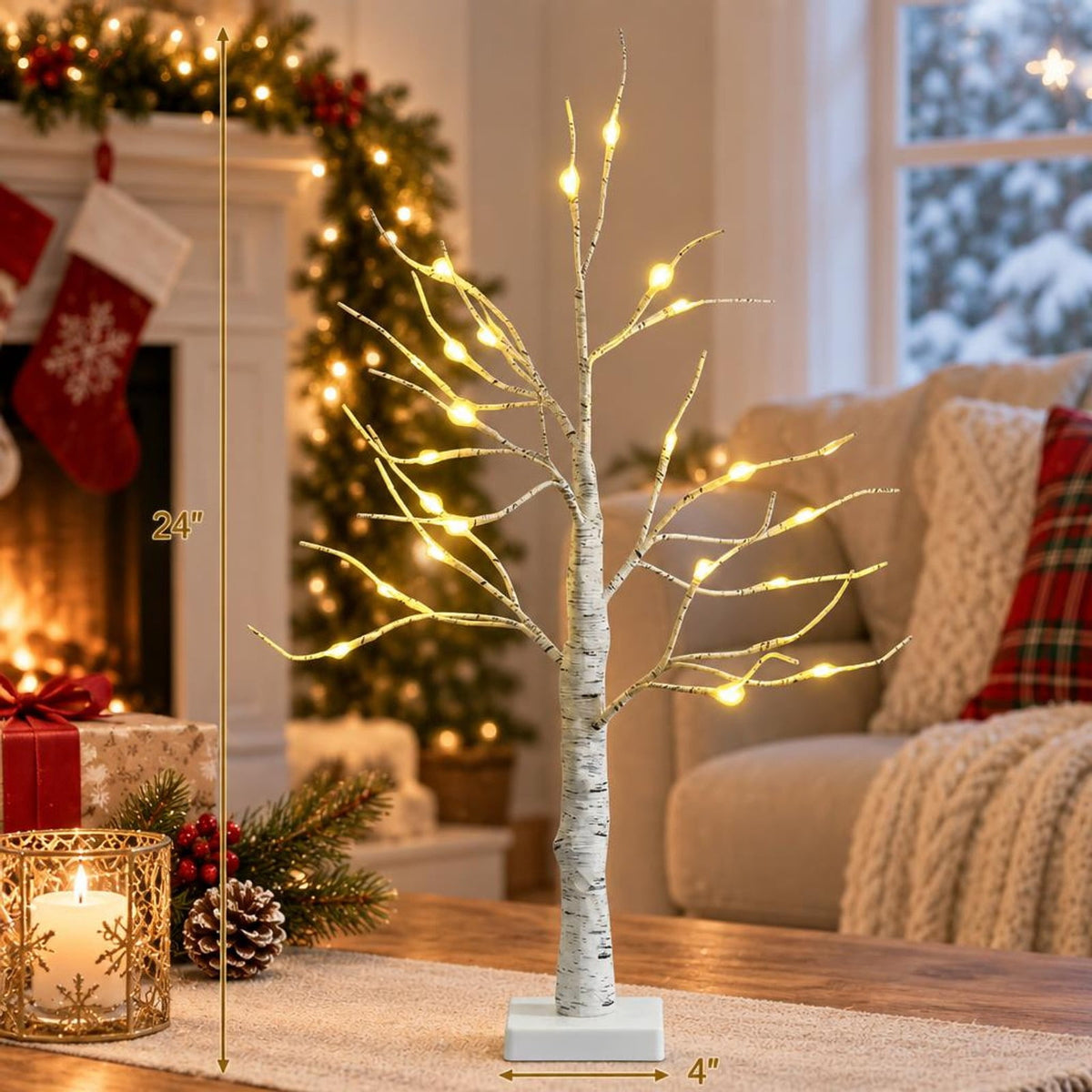AIRFIND Artificial Birch Tree 2 ft with 24 Warm White LED Lights, Bendable Branches and Battery-Powered Base for Indoor Holiday Decor, White