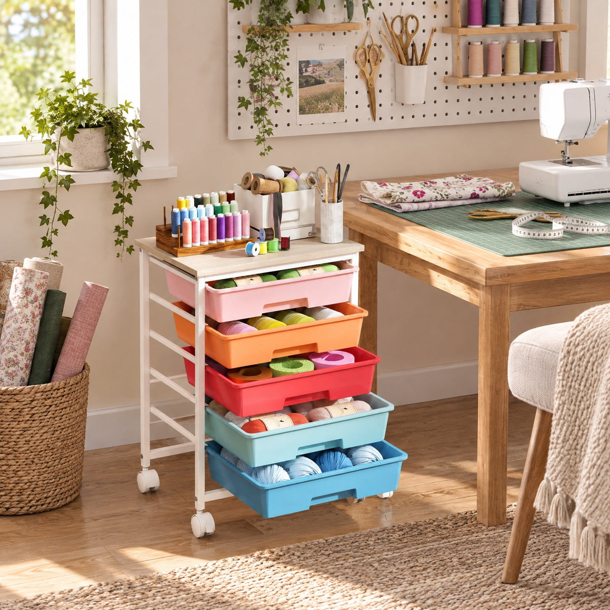 Airfind 5-Drawer Rolling Cart with Wooden Tabletop and Metal for Craft Room, 33 lbs Capacity, Metal PP Engineered Wood for Home, Patio and Everyday
