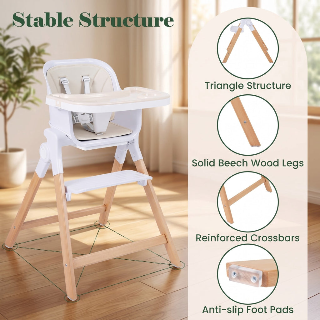 Airfind 4-in-1 Convertible Baby High Chair with Detachable Adjustable Tray, Beech, Model AD10112BE
