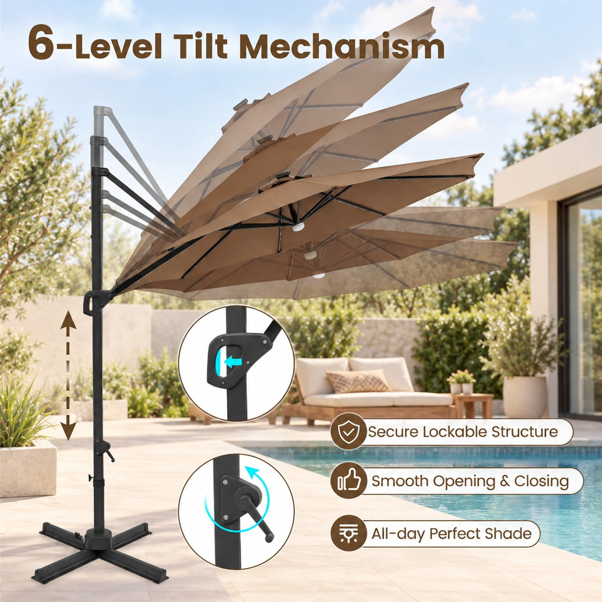 Airfind 10 FT Cantilever Patio Umbrella with Solar LED Lights 360° Rotation, Polyester Fabric Aluminum Metal PC ABS Frame, Brown