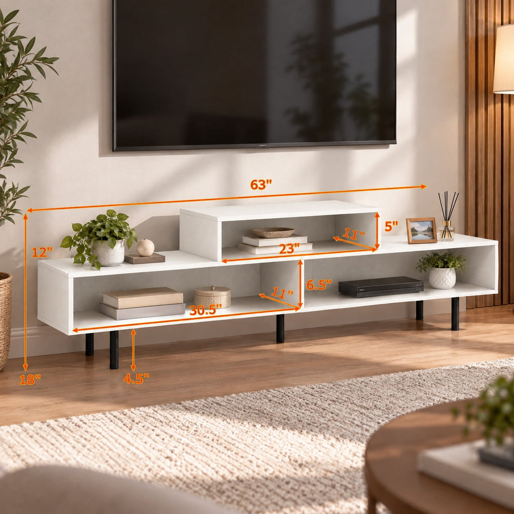 Airfind 3 Cubby TV Stand for TVs up to 70 Inch with Open Storage Compartments, 155 Lbs Capacity, Engineered Wood MDF Metal, White