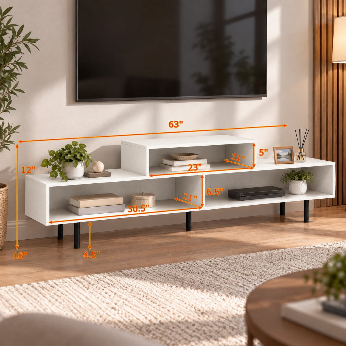 Airfind 3 Cubby TV Stand for TVs up to 70 Inch with Open Storage Compartments, 155 Lbs Capacity, Engineered Wood MDF Metal, White