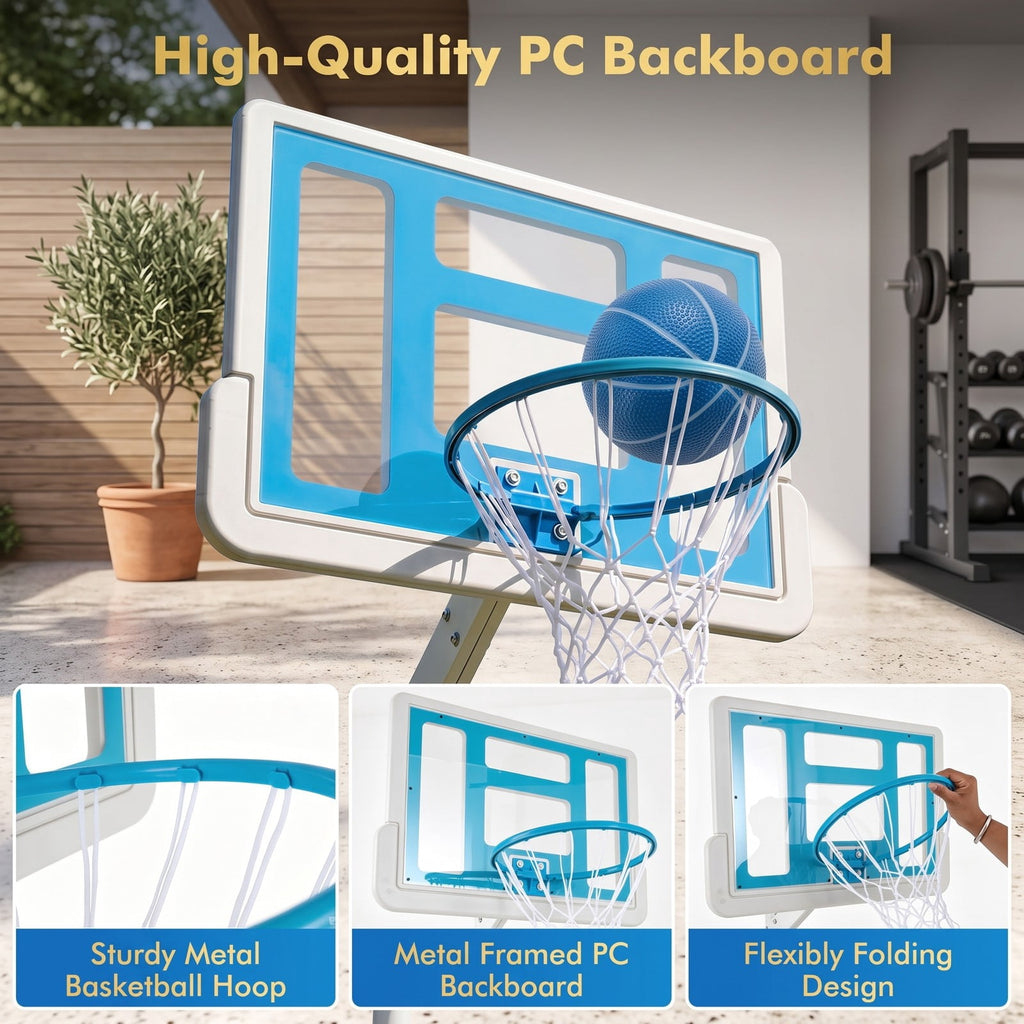 Airfind Poolside Basketball Hoop System, Adjustable Height Pool Basketball Set with 2 Water Balls and Pump, Metal PC Backboard for Swimming Pool Outdoor Family, Blue