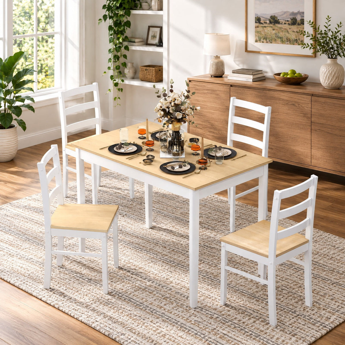 Airfind 5-Piece Wooden Dining Set with Rectangular Table and 4 Chairs, 200 lbs Capacity, Rubber Wood Acacia Wood Veneer MDF Plywood Frame, Natural