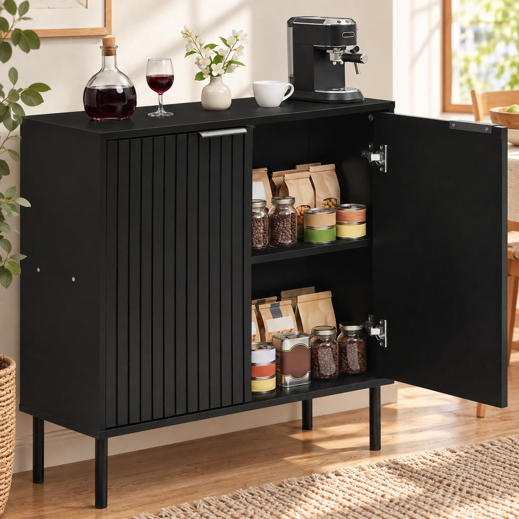 Airfind Fluted Buffet Cabinet with 2-Door Sideboard for Kitchen and Dining Room, Black, Metal legs provide strong and reliable support