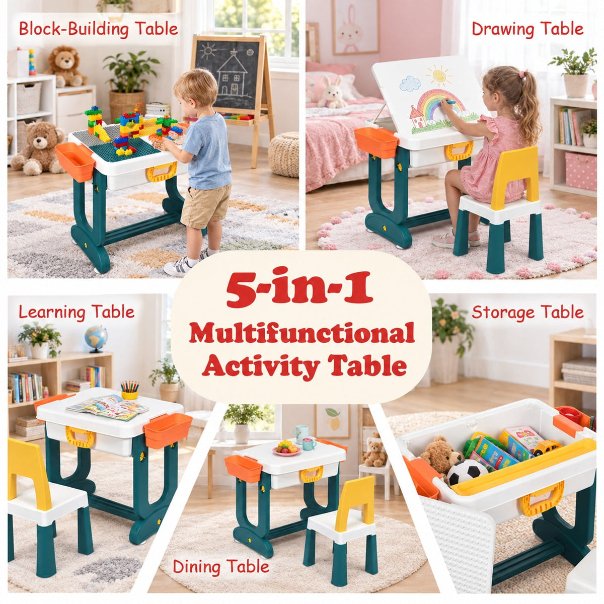 Airfind 5-in-1 Kids Activity Table Set, 220 lbs Capacity, PP PE ABS Frame, for Over 3 years old, As shown in the picture