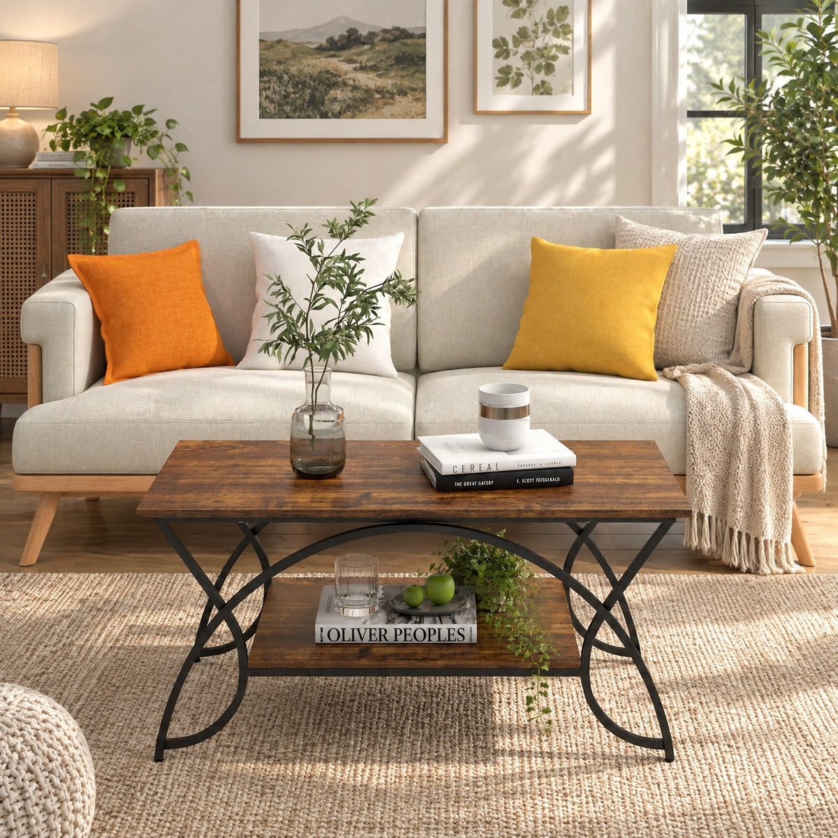 Airfind 2-Tier wood grain Coffee Table with wood grain top and Metal Frame, 110 lbs Capacity, Engineered wood steel Frame, Coffee