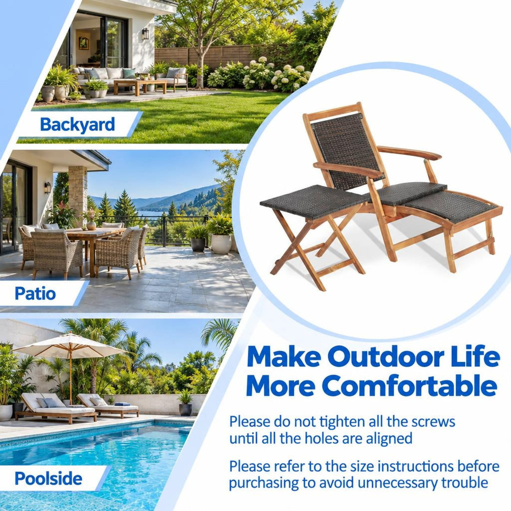 Airfind 2 Pieces Patio Rattan Folding Lounge Chair with Acacia Wood Table, Acacia Wood PE Rattan Steel Frame, 18 x 18 x 18 inch Footprint, Wood
