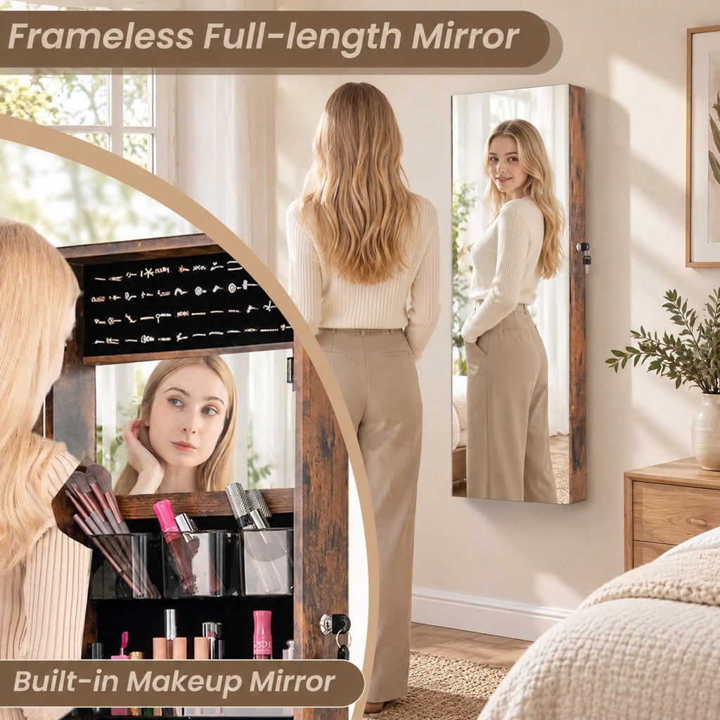 Airfind 43.5 Inch Jewelry Mirror Cabinet with Full-length Mirror and Adjustable Hangers, MDF Frame, Brown