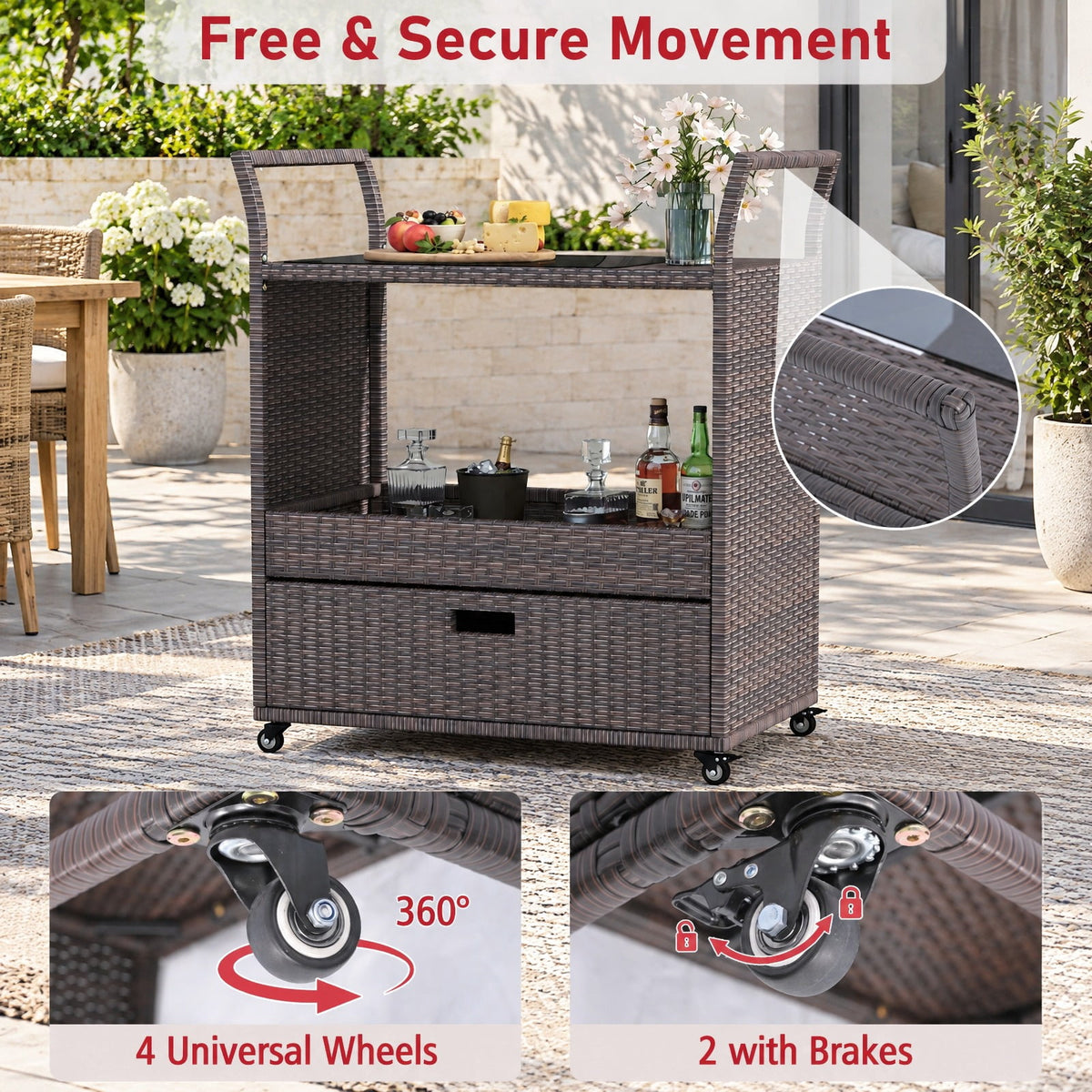 AIRFIND Outdoor Bar Cart with Wicker Exterior, Tempered Glass Top, Storage Drawer and Shelf, Four Casters with Two Brakes, 33.5 in Wide