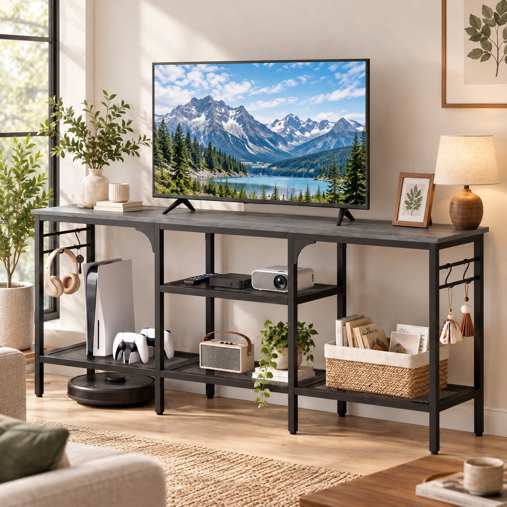 Airfind TV Stand, for TVs up to 65 Inch with 3-Tier Open Shelves and 4 Hooks, 685 lbs Capacity, Engineered Wood Metal Frame, Oak