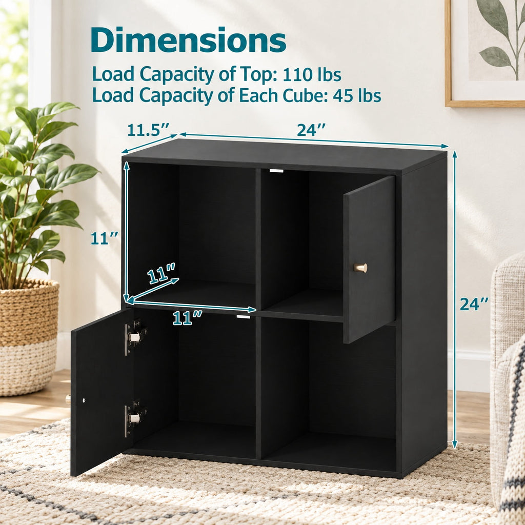Airfind 4-Cube Bookcase 3-Tier Bookshelf with Dual Anti-Tipping Kits and 2 Cabinets, 110 lbs Capacity, MDF Engineered Wood Frame, Black