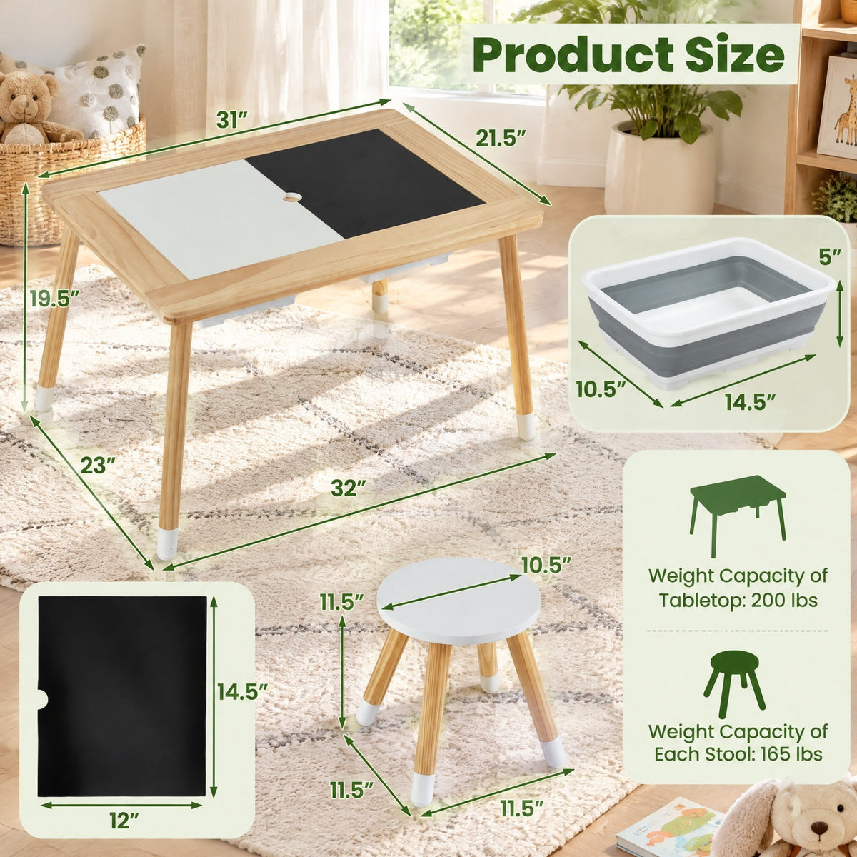 Airfind Wooden Kids Activity Table Set with Double-Sided Boards, 200 lbs Capacity, Pine Wood MDF Frame, 32 x 23 x 19.5 Footprint, Natural
