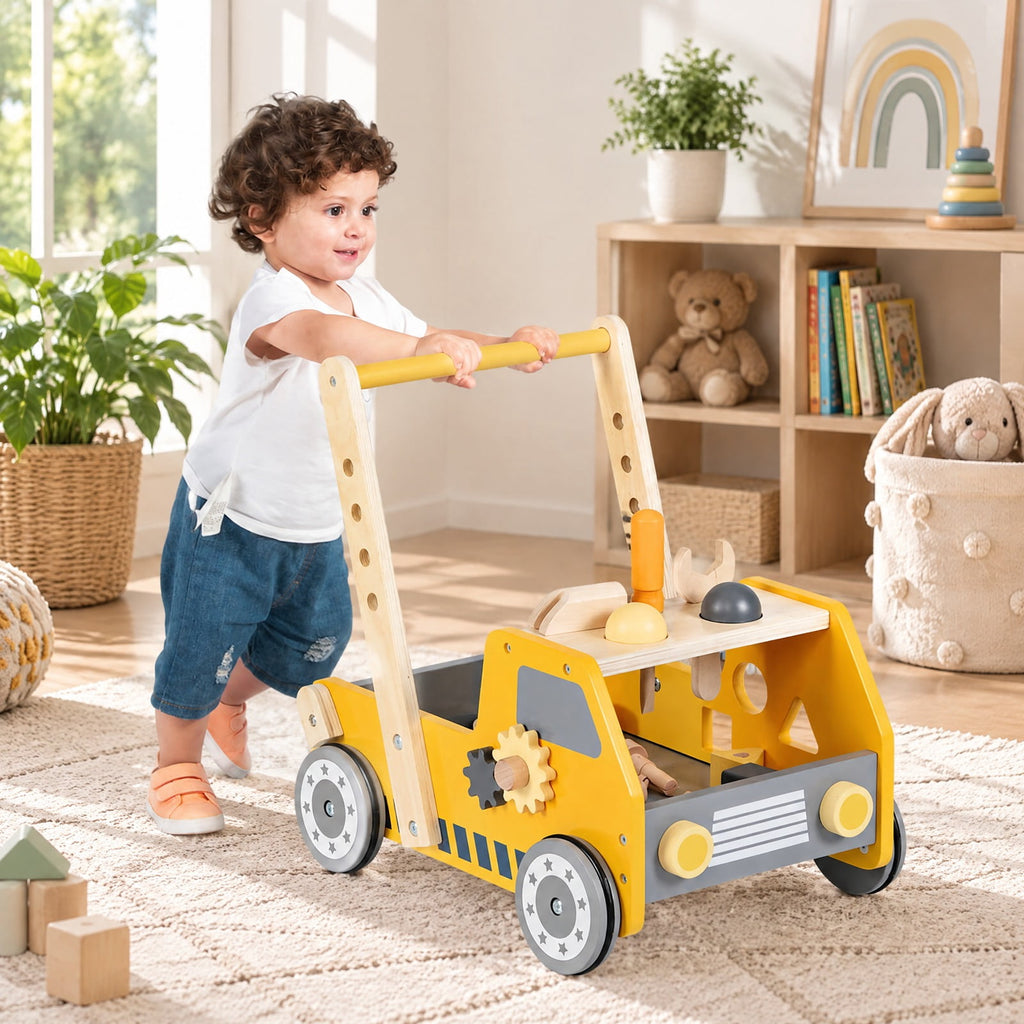 Airfind 2-in-1 Wooden Baby Walker with Adjustable Speed and Bottom Storage, MDF Frame, for 3+ Years Old, 16in x 12.5in x 16.5in Footprint, Yellow
