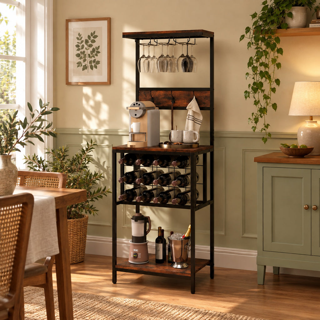 Airfind Freestanding Wine Rack Floor Wine Bar Cabinet with Glass Racks, 200 lbs Capacity, Engineered Wood Metal Frame, Brown