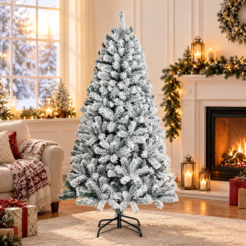Airfind 6 Feet Artificial Snow Decorated Flocked Hinged Christmas Tree with Metal Stand, White, Diameter of Metal Stand 18 Inch 20 Inch
