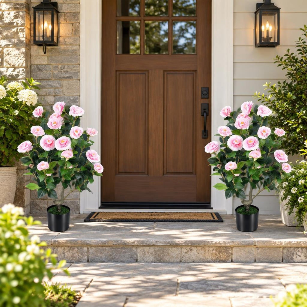 Airfind Artificial Camellia Tree Faux Flower Plant in Cement-Filled Pot, PE PP Cement Overall Height 35.5 Flower Pot Height 5 Flower Pot Frame