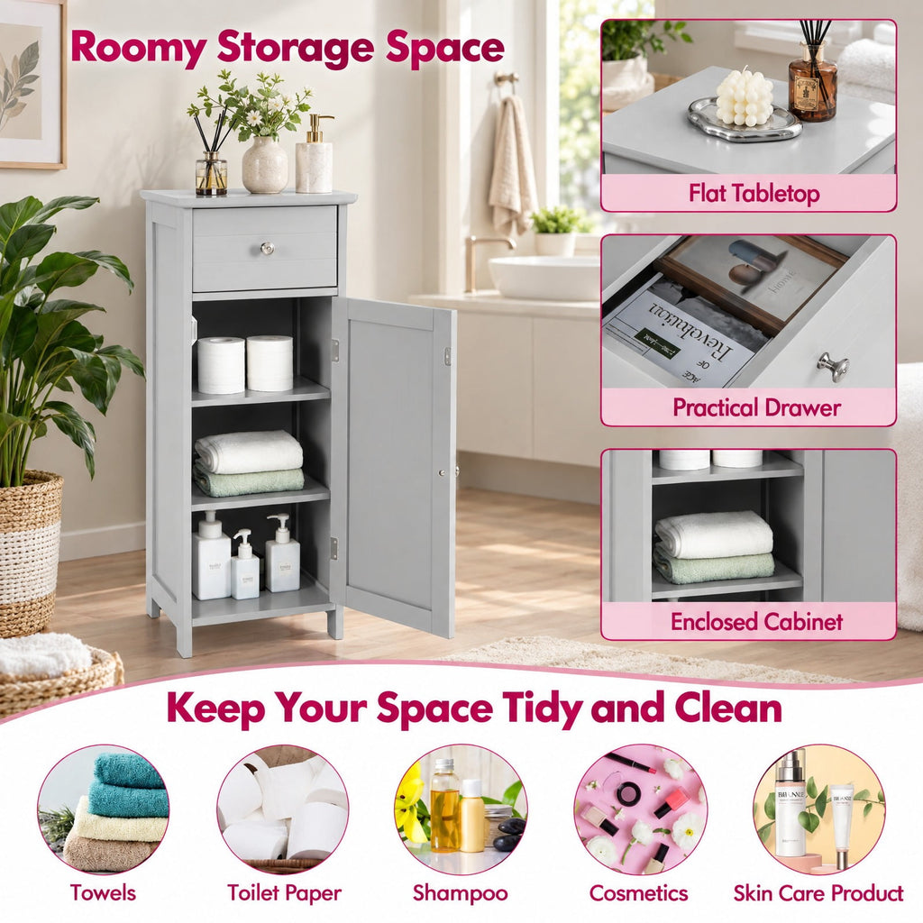 Airfind Wooden Bathroom Floor Storage Cabinet with Drawer and Shelf, 22 lbs Capacity, MDF Frame, 14 Inch x 12 Inch x 34.5 Inch Footprint, Gray