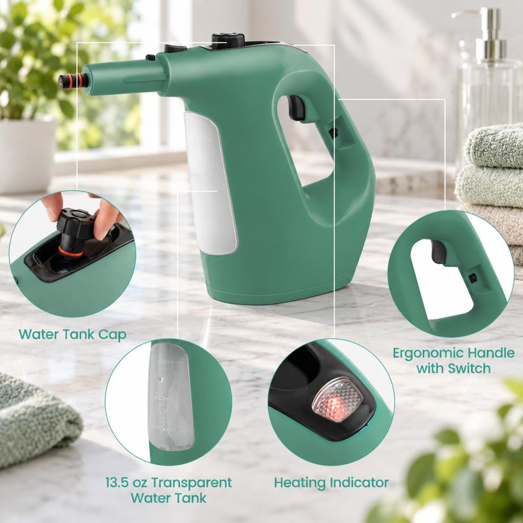 Airfind 1400W Handheld Steam Cleaner with 14-Piece Accessory Kit and Child Lock, PP Frame, 13 x 5 x 9.5 Footprint, Green