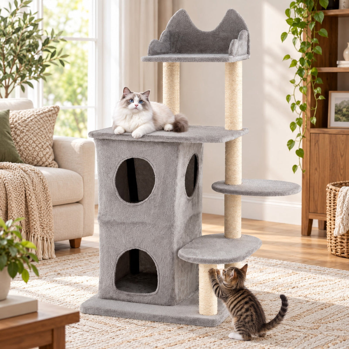 Airfind 48.5 inch Cat Tree with 2-story Condo and 3 Hideaway Caves for Large Cats, Engineered Wood Sisal MDF Plush Fabric Frame, Gray