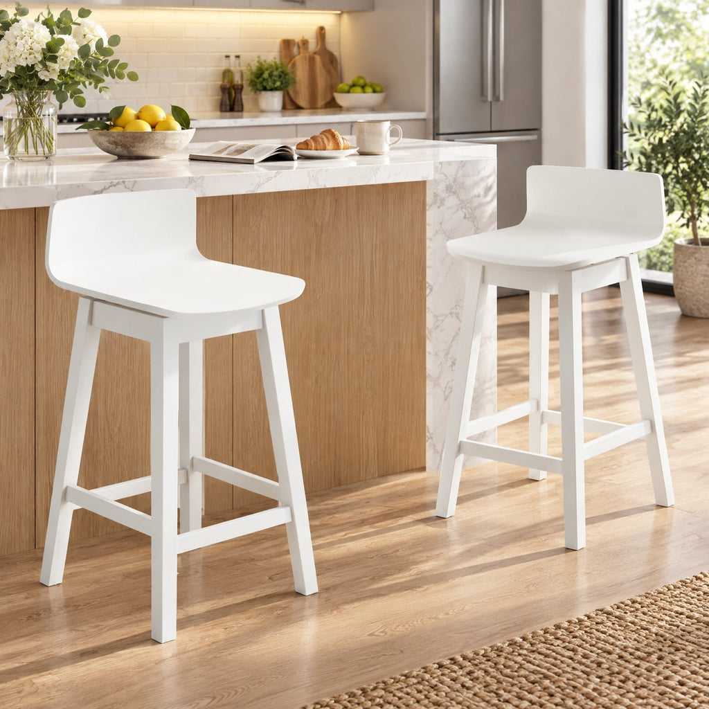 Airfind 24.5 Inch Swivel Wooden Bar Stools Set of 2 with Rubber Wood Legs and Low Back, 350 lbs Capacity, Rubber Wood Plywood Frame, White