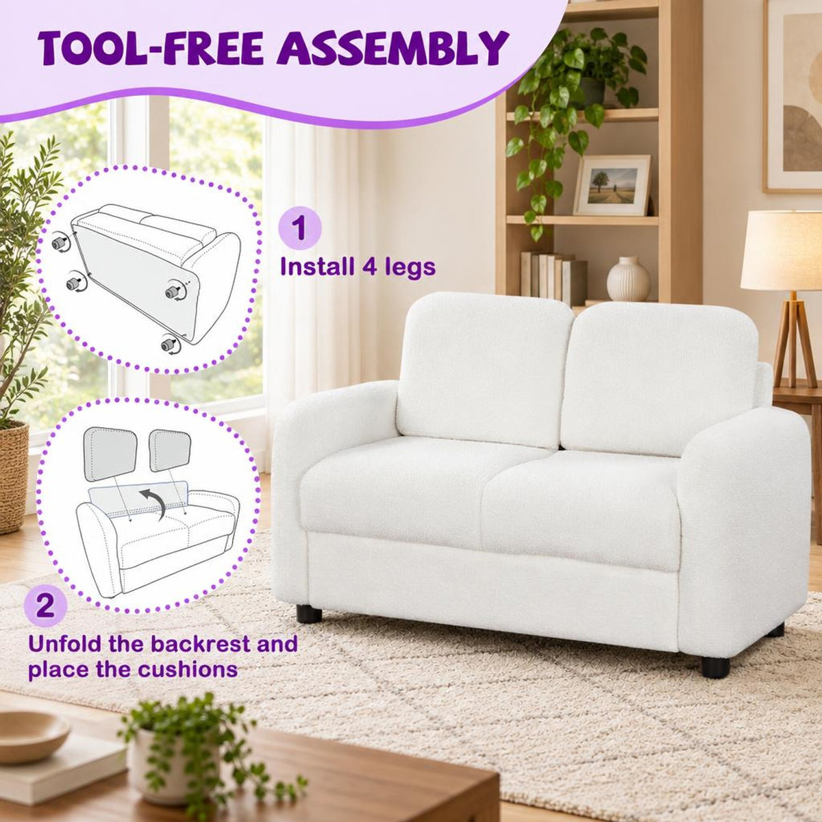 Airfind 2-Seat Kids Sofa Toddler Sofa Couch with Soft Teddy Fleece Upholstery and Solid Wooden Frame, 330 lbs Capacity, for 3+ Years Old, White