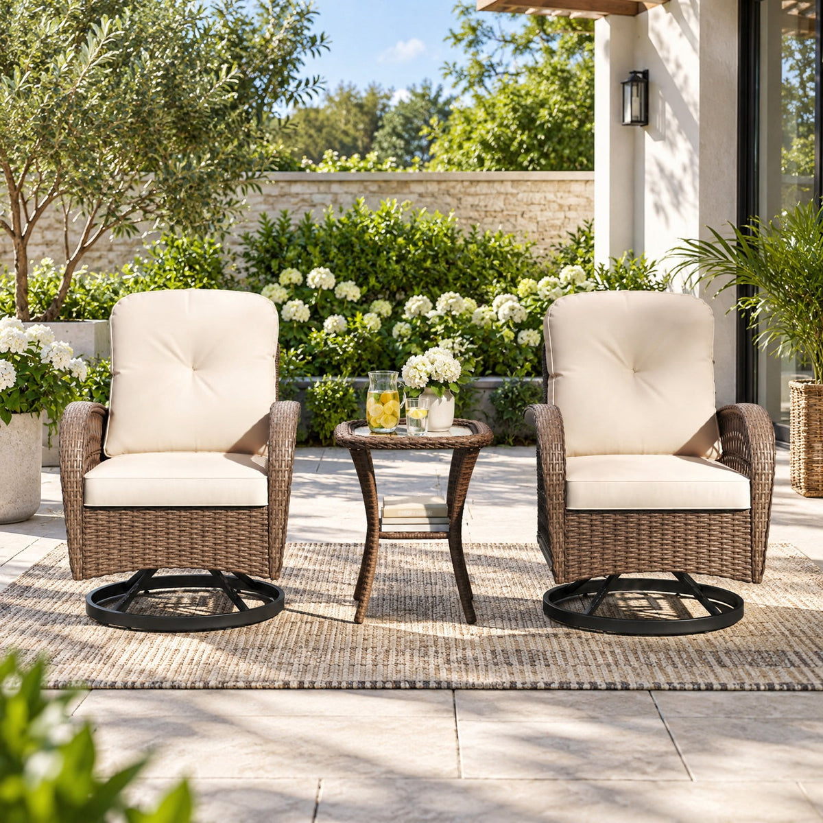 Airfind 3 Piece Patio Swivel Rocker Set with Tempered Glass Side Table and Thick Cushions, Seat 400 lbs Capacity, 33.5 x 29 x 35 Footprint, Brown