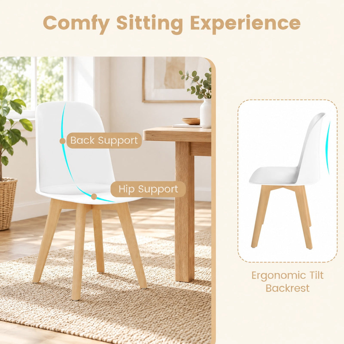 Airfind Modern Dining Chair Set of 2 with Solid Beech Wood Legs and Tilt Backrest, 330 lbs Capacity, PP Beech Wood Frame, White