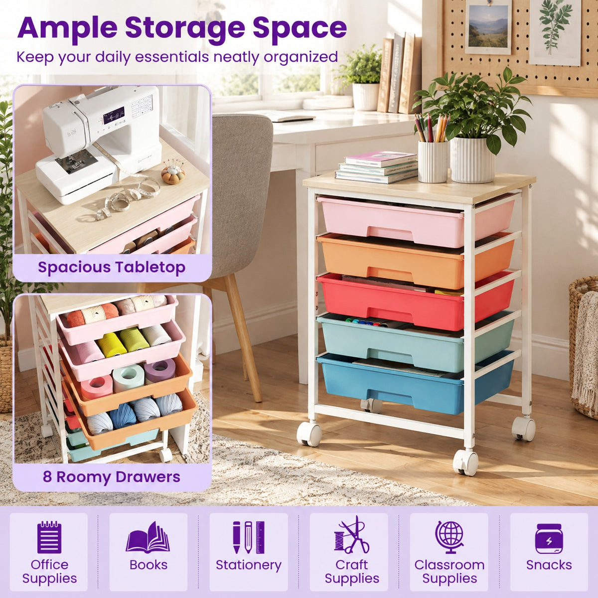 Airfind 5-Drawer Rolling Cart with Wooden Tabletop and Metal for Craft Room, 33 lbs Capacity, Metal PP Engineered Wood for Home, Patio and Everyday
