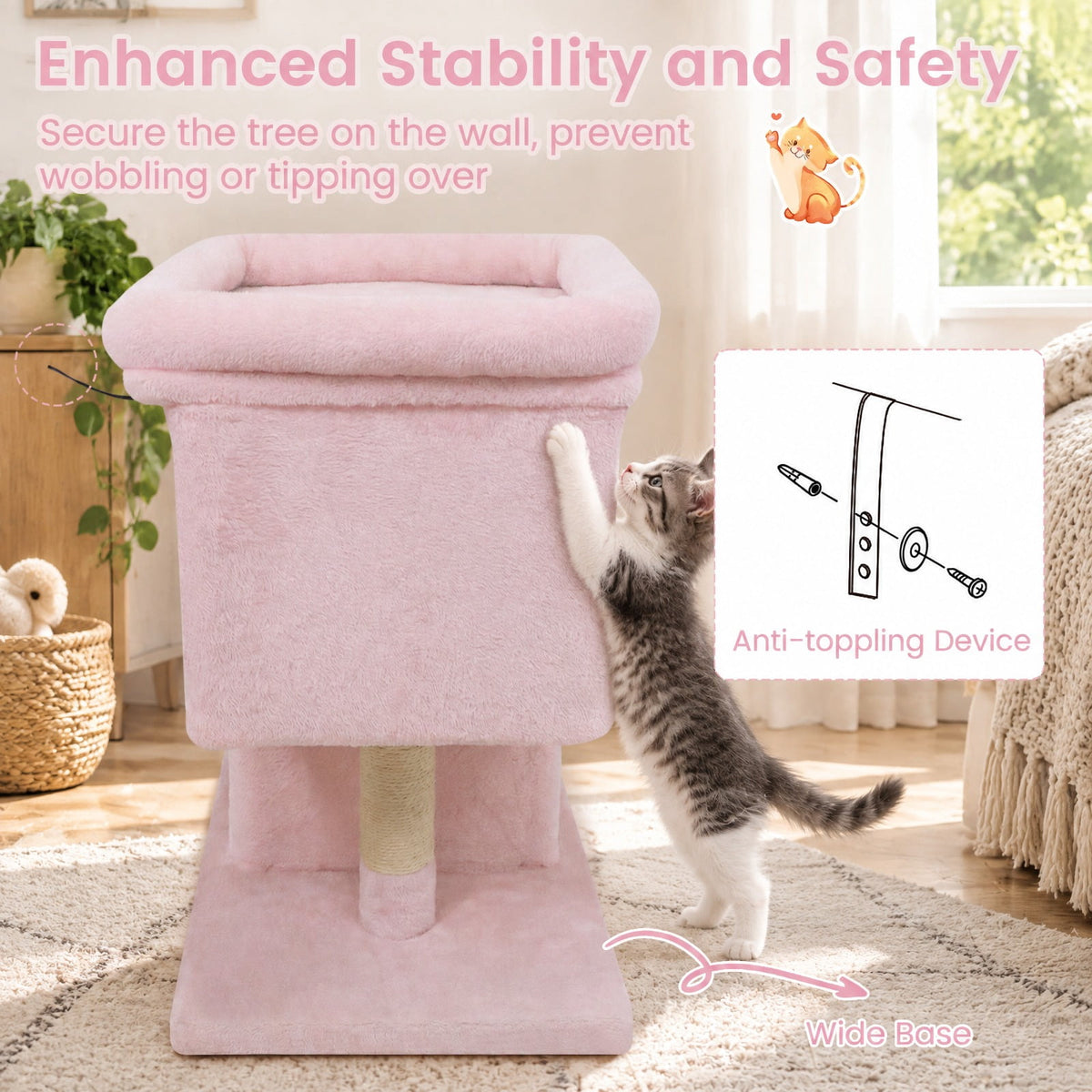 Airfind Modern Cat Tree Space-saving Cat Tower with Upholstered Perch and 2 Cat Condos, 22 lbs Capacity, 24 x 16 x 25.5 Condo Footprint, Pink