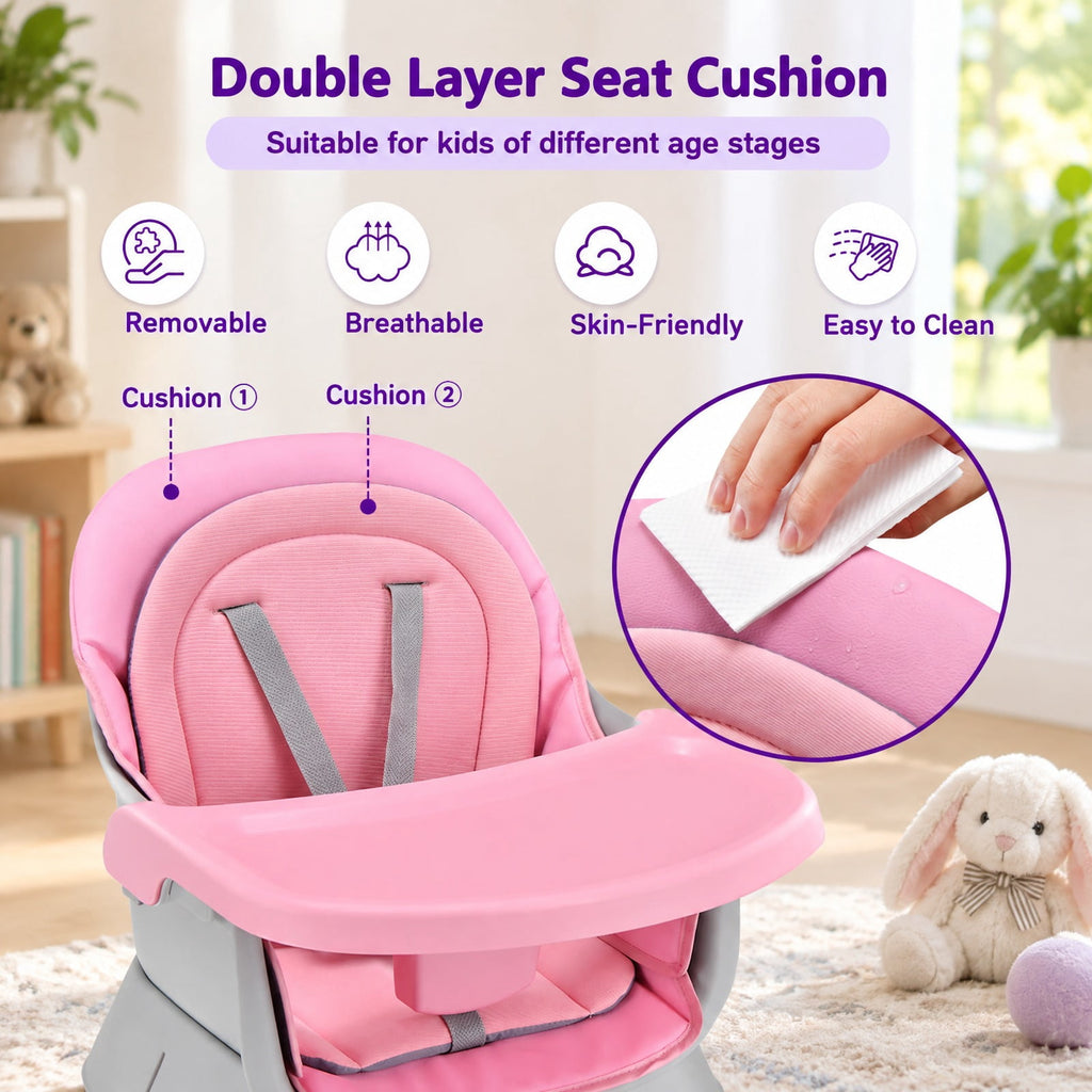 Airfind 6-in-1 Convertible Youth High Chair featuring Adjustable Removable Tray, 55 lbs Capacity, PP PU Fabric Frame, for 6-36 Months, Pink