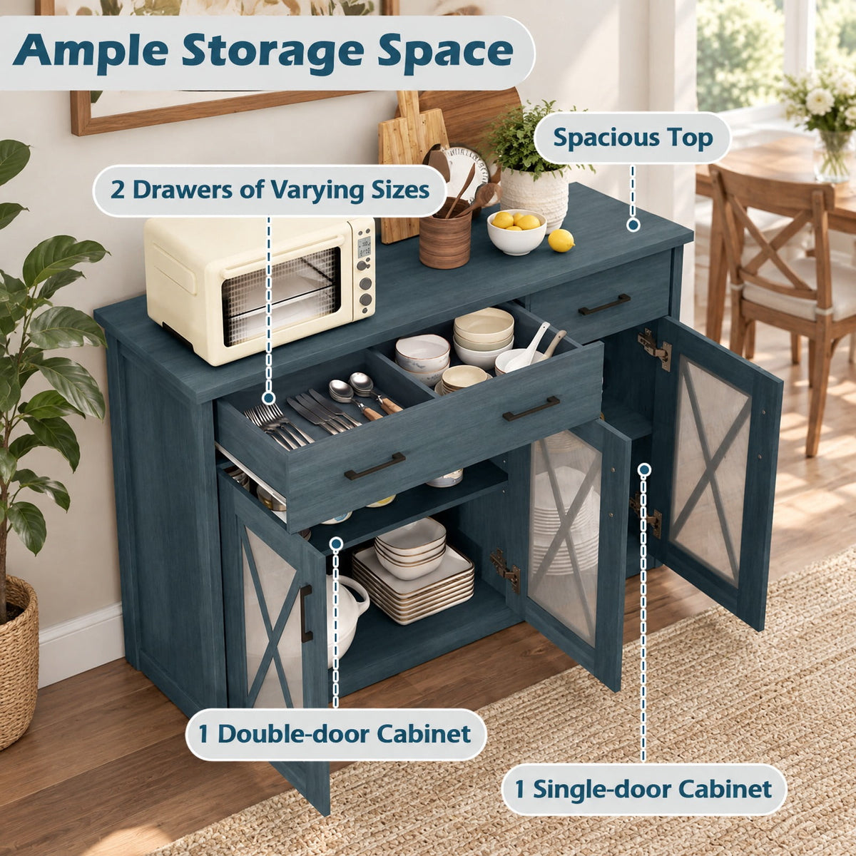Airfind Farmhouse Buffet Sideboard 3-Door Kitchen Storage Cabinet featuring 2 Drawers, Top 132 lbs Total Capacity, Engineered Wood PC Frame, Turquoise