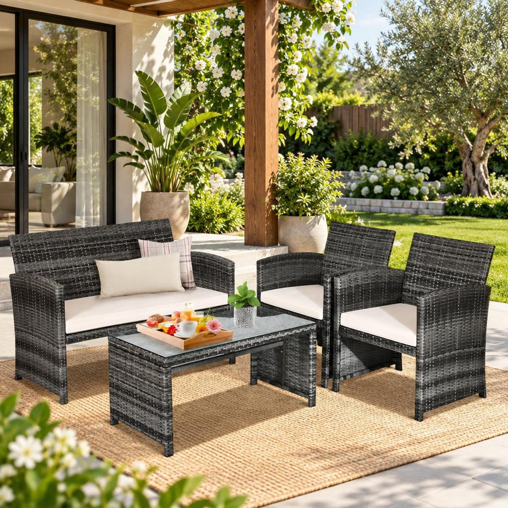 Airfind 4 Pcs Patio Rattan Furniture Set Top Sofa With Glass Table, PE Rattan Polyester Fiber Steel Sponge Single Sofa Frame, White