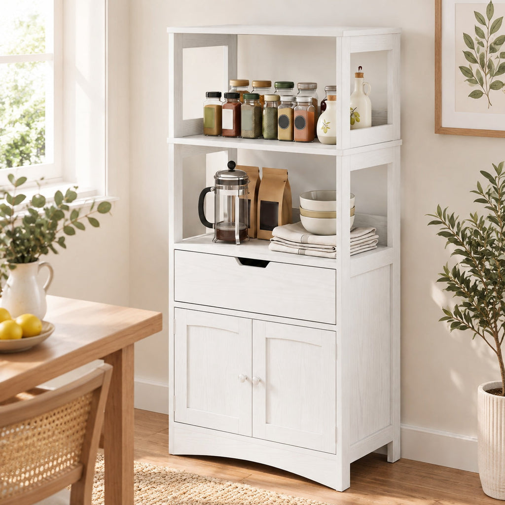 Airfind Bathroom Storage Cabinet with Open Shelves and Drawer, 110 lbs Capacity, Engineered Wood Frame, 24in x 13in x 48in Footprint, White