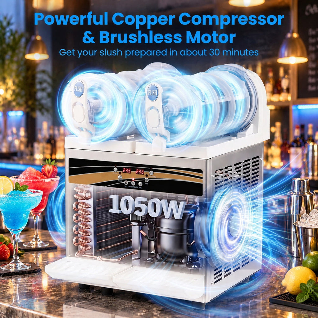 Airfind 8 Gal Commercial Slushie Machine with LED Lights, Silver, 2 tanks for serving drinks in 2 flavors, Get your slush prepared in about 30 minutes