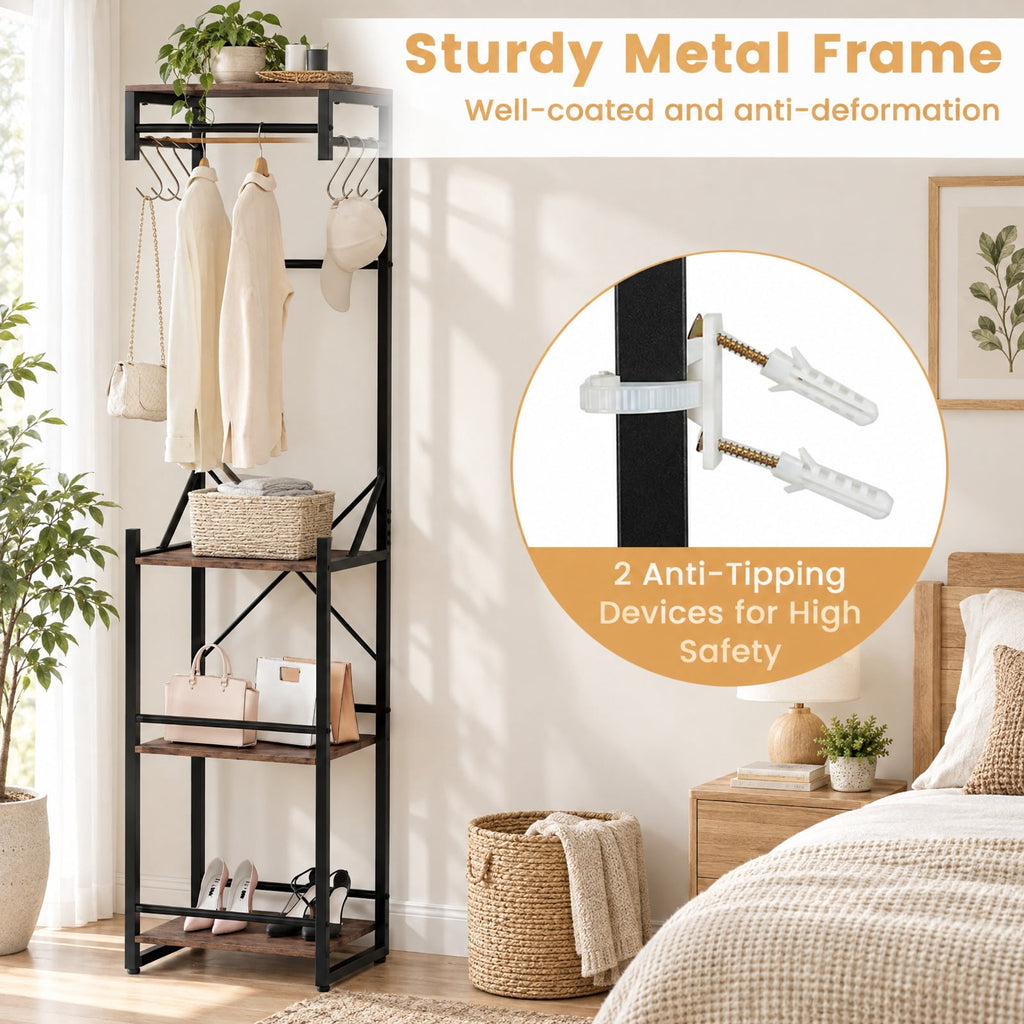 Airfind Freestanding Coat Rack with 4 Storage Shelves and 6 Hooks, 22 lbs Capacity, Metal Engineered Wood, 16 Inch x 12 Inch x 64 Inch , Brown