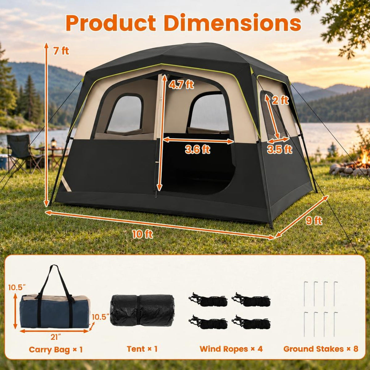 Airfind 6-Person Camping Tent Easy Setup Family Cabin Tent with Top Rainfly Mesh Windows, Fabric Fiberglass Metal Frame, 10 x 9 x 7 ft Footprint