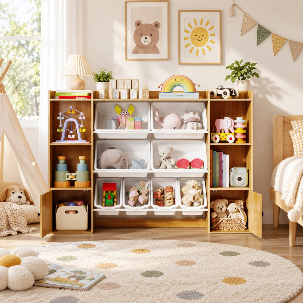 Airfind Kids Toy Storage and Bookshelf with Boxes and Open Shelves, 385 lbs Capacity, Engineered Wood Frame, for 3+ Years Old Total, Beige