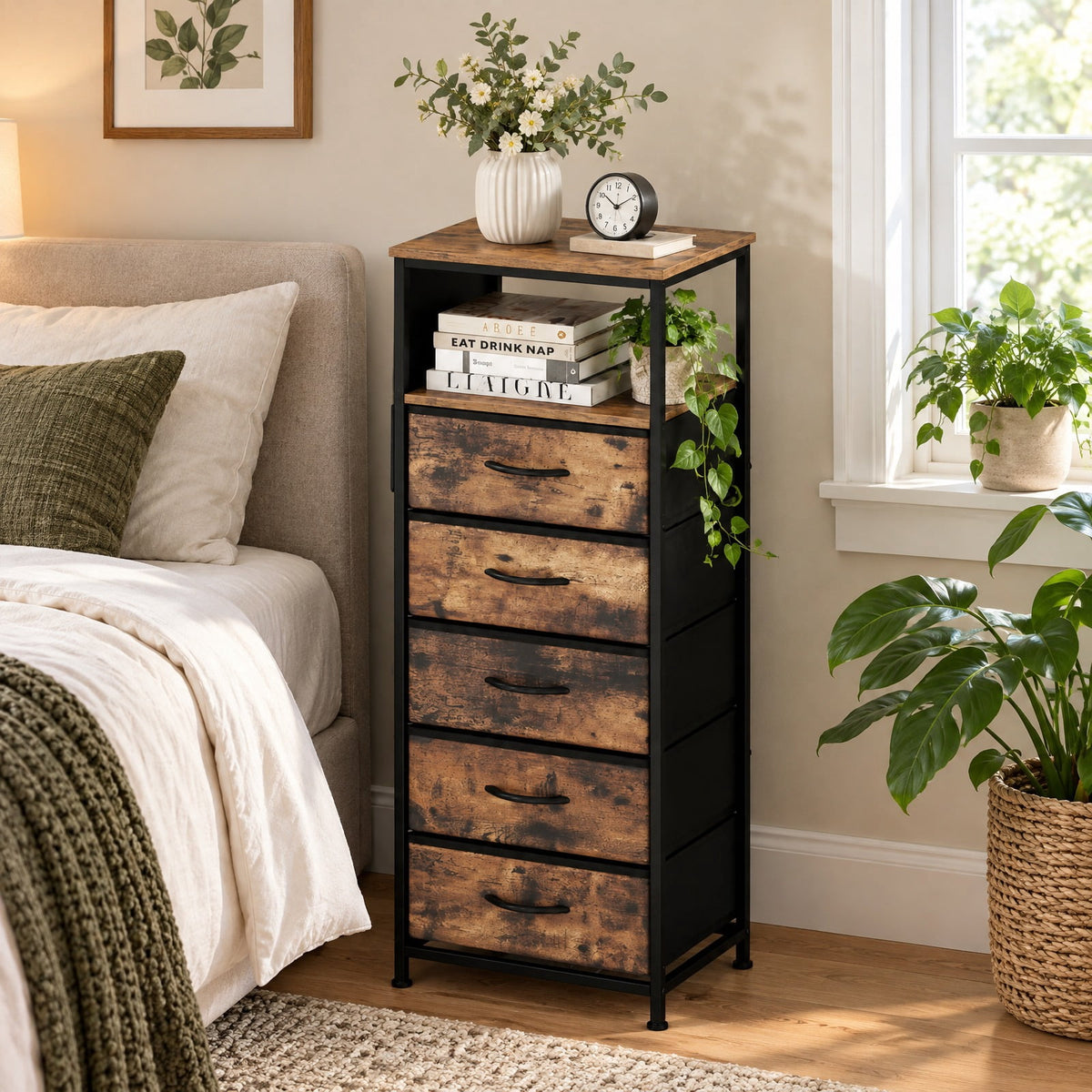 Airfind Nightstand with Integrated Charging Station 39 Inches Modern Bedside Table, 56 kg/123.5 ls Capacity, Metal MDF Non-Woven Fabric Frame, Brown