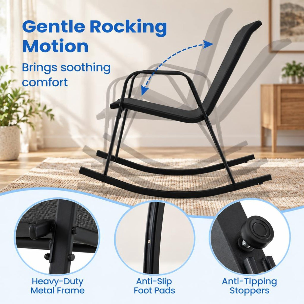 Airfind Set of 2 Metal Patio Rocking Chair with Breathable Seat Fabric, 330 lbs Capacity, Fabric Metal Frame, Black