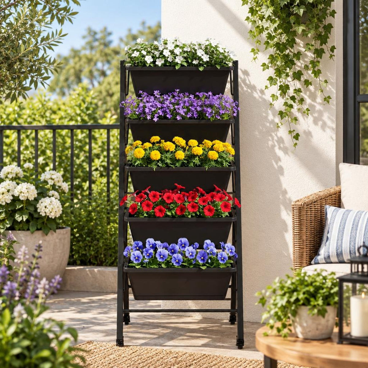 Airfind 5, 22 lbs Capacity, PP Metal Frame, 23 x 27 x 46 Footprint, Black, 5 planter boxes for modular growing