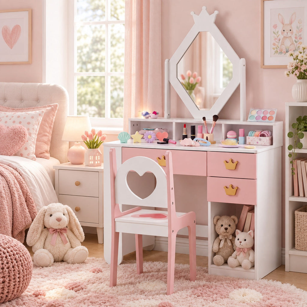 Airfind Kids Vanity Set with Crown Mirror and Chair for Girls, 110 lbsChair Capacity, 31.5in x 16in x 51inTabletop Footprint, White